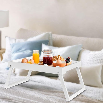 Folding table - Multifunctional folding table for home - Folding bamboo bedside table - Can be used as a dining table, TV table, laptop table, snack table, sofa table or work table - White.