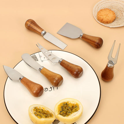 Cheese Knives Set – Portable for Picnic, 4.9 Inches with Wooden Handle, Silver, Set of 6.