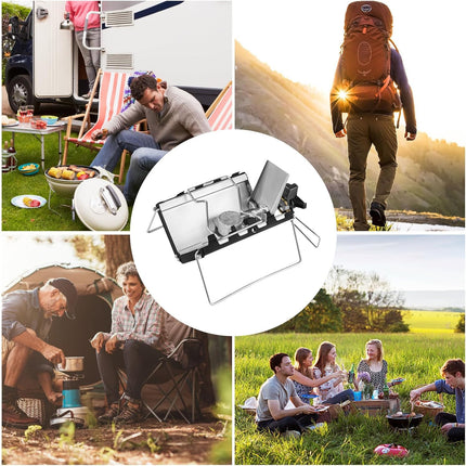 Camping stove - Portable and foldable - Camping cooking - 2600W - Three-sided windproof - Heat-resistant material - Silver.