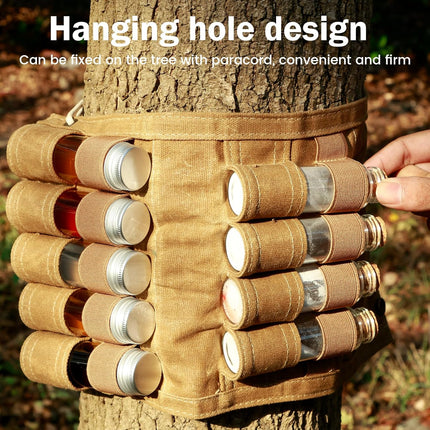 Camping Spice Set - Waterproof - 9 Spice Tins with Canvas Storage Bag and Hanging Hole.