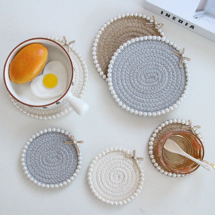 Coasters - Pearl Decoration - Cotton Rope - Hand-woven - Thick and Absorbent - Insulated and Heat-Resistant - Round - 3-Pack.