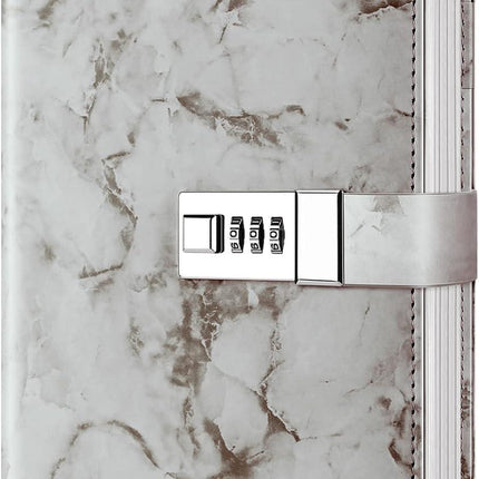 Diary with combination lock, waterproof leather, marble pattern, gray, 1 pack.