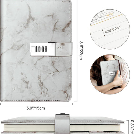 Diary with combination lock, waterproof leather, marble pattern, gray, 1 pack.