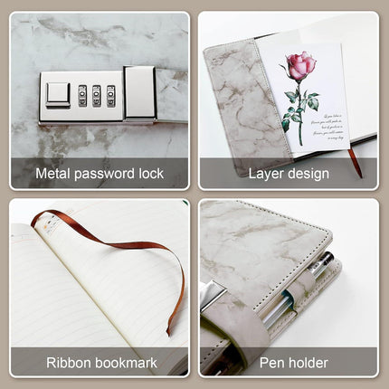 Diary with combination lock, waterproof leather, marble pattern, gray, 1 pack.
