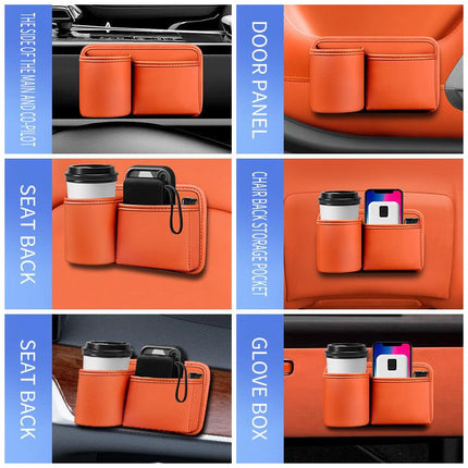 Car Key Box - Handy Bottle Holder for the Back Seat - Car Interior Accessory for Campers and Trucks - Orange - Leather.