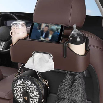 Car Key Box - Car Tissue Box - Includes 2 Cup Holders - Includes Hook - PU Leather - Waterproof, Dirt-Repellent and Wear-Resistant - Easy to Install, Accessory Storage - Can Hang Garbage Bags - Brown.