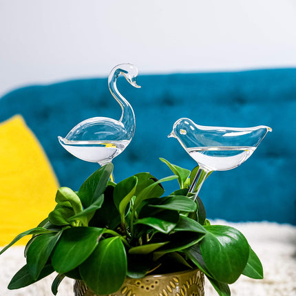 Self-watering globes, bird-shaped plant watering device, hand-blown, clear glass globe for indoor and outdoor plants, pack of 2.