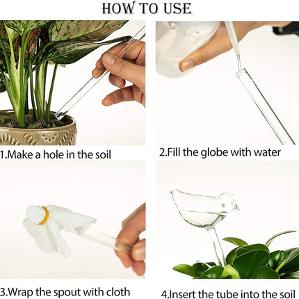 Self-watering globes, bird-shaped plant watering device, hand-blown, clear glass globe for indoor and outdoor plants, pack of 2.