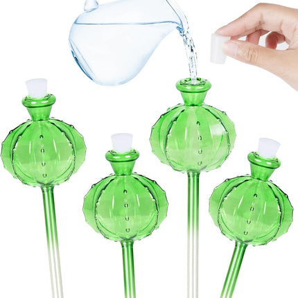 Self-watering planter. Watering devices for plants. Watering bulbs for plants. 4 plant watering bulbs. Green, cactus-shaped, self-watering bulbs, medium-sized. Gifts for plant lovers..
