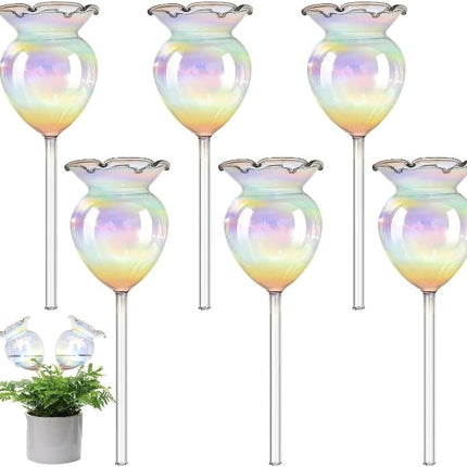 Plant Watering Balls Self-Watering Spikes Hand-Blown Laser Colorful Glass Plant Watering Balls Devices for Indoor & Outdoor Fill from Top 2 Stripe Flower Shape.