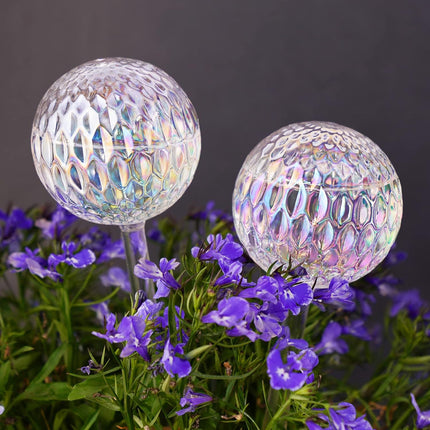Glass Self-Watering Plant Balls, 2-Pack, Pearlescent, Clear Iridescent, Plant Watering Device, Diamond Pattern, Self-Watering Balls, Planter Insert, Decorative Holiday Watering Spikes.