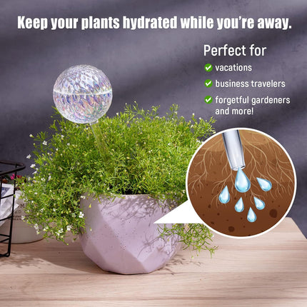 Glass Self-Watering Plant Balls, 2-Pack, Pearlescent, Clear Iridescent, Plant Watering Device, Diamond Pattern, Self-Watering Balls, Planter Insert, Decorative Holiday Watering Spikes.