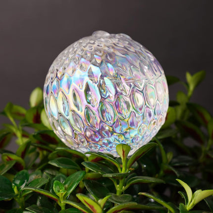 Glass Self-Watering Plant Balls, 2-Pack, Pearlescent, Clear Iridescent, Plant Watering Device, Diamond Pattern, Self-Watering Balls, Planter Insert, Decorative Holiday Watering Spikes.
