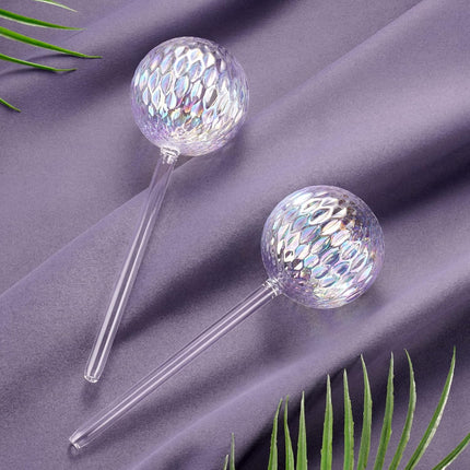 Glass Self-Watering Plant Balls, 2-Pack, Pearlescent, Clear Iridescent, Plant Watering Device, Diamond Pattern, Self-Watering Balls, Planter Insert, Decorative Holiday Watering Spikes.