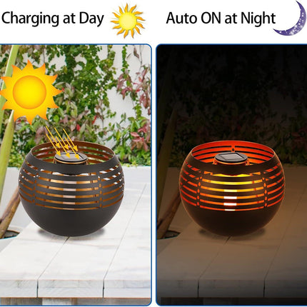 Waterproof outdoor solar lanterns, solar table lamp for outdoor patio, metal pot with warm yellow dancing and flickering flame light, decorative LED table lamp for garden decor, landscape, yard.