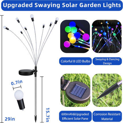 Solar garden lights, Christmas decoration, solar-powered fairy-tale outdoor lights, waterproof, 1-pack, 8 LEDs that move in the wind, dancing fireflies as light for garden decoration, yard, patio, path decoration.