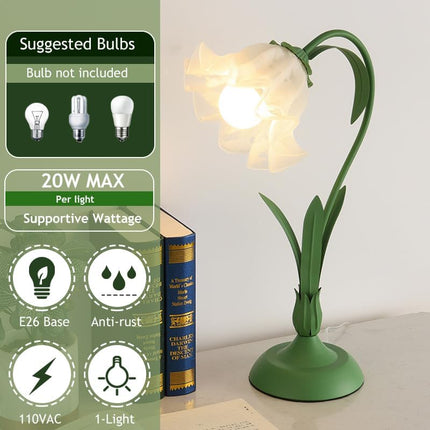 Green glass table lamp, flower table lamp, modern flower shape, metal top with glass lampshade, bedside table, desk lamp for bedroom, girl's room, living room, bedroom, office (green).