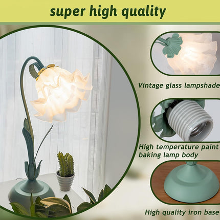 Green glass table lamp, flower table lamp, modern flower shape, metal top with glass lampshade, bedside table, desk lamp for bedroom, girl's room, living room, bedroom, office (green).