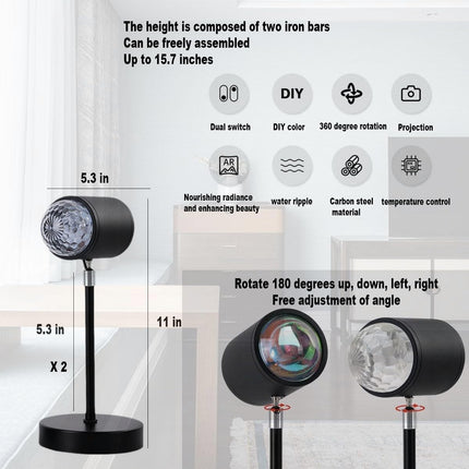 Water Ripple Lamp Sunset Lamp 2-in-1 3D Projector LED Light Sunset Ocean Light Project USB Powered Night Light 360° Rotation Button Control for Bedroom Photography Festive Atmosphere.