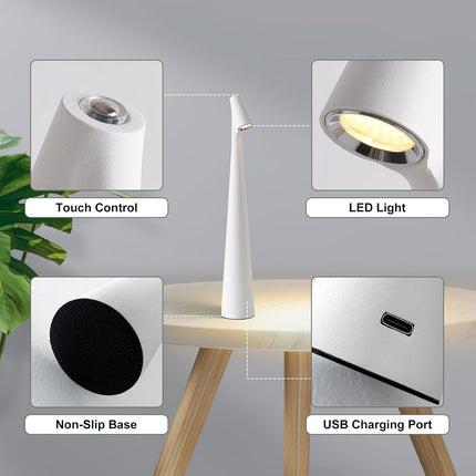 Portable LED Table Lamp with Touch Sensor, Metal Desk Lamp with 3 Brightness Levels, Rechargeable Night Light with 3 Colors Touch Control for Bedside and Dining Room (White).