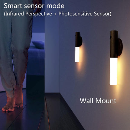 Night light with motion sensor, indoor lamp with LED, magnetic and portable lighting, no plug, USB charging function, wall lamp for hallway, bedroom, wardrobe, table, stairwell, cupboard, kitchen, etc., walnut.