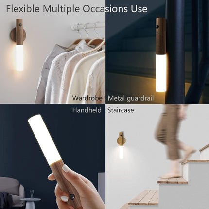 Night light with motion sensor, indoor lamp with LED, magnetic and portable lighting, no plug, USB charging function, wall lamp for hallway, bedroom, wardrobe, table, stairwell, cupboard, kitchen, etc., walnut.