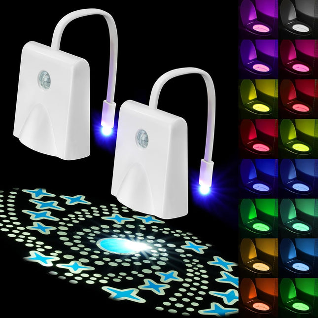 Toilet Night Lights, 2 Pcs Motion Sensor with Star Projector, USB Rechargeable LED Bowl Light with 16 Colors, Bathroom Accessories and Decoration, Funny Gift for Men and Women.