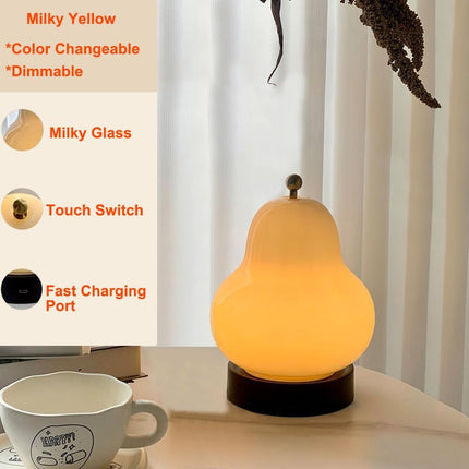 5W LED Portable Night Light, French Retro Milky Pear Shaped Gourd Table Lamp, Dimmable Color Changing Desk Lamp, Battery Operated and Rechargeable with USB Cable, Milky Yellow Table Lamp.