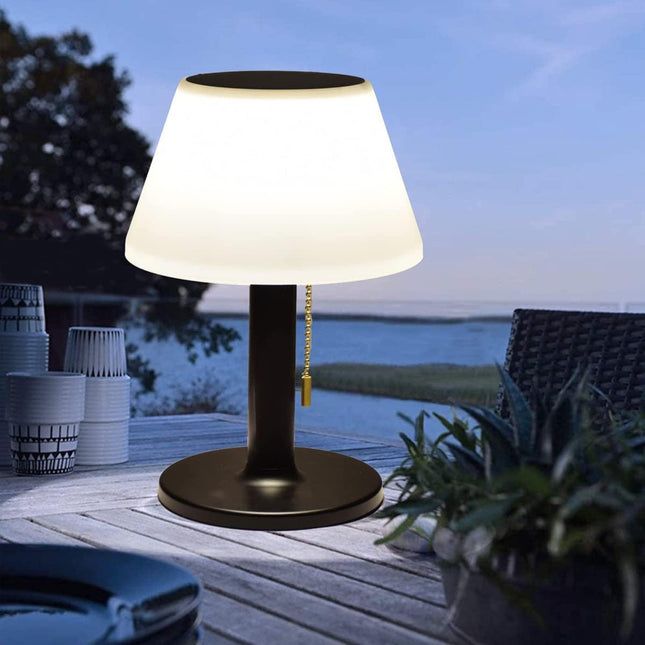 Solar Table Lamp for Outdoor & Indoor - 3 Light Modes, Eye-Friendly, Cordless & Waterproof Solar LED Desk Lamp with Pull Cord for Outdoor, Patio, Garden, Bedroom, Living Room (Modern Black Decor).