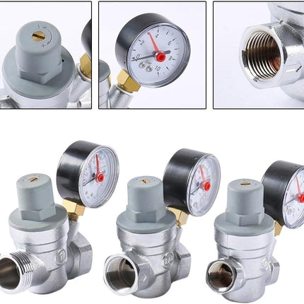 Adjustable pressure reducing valve with integrated pressure gauge for hot and cold water, brass pipe valve for home, commercial and industrial use (DN15).
