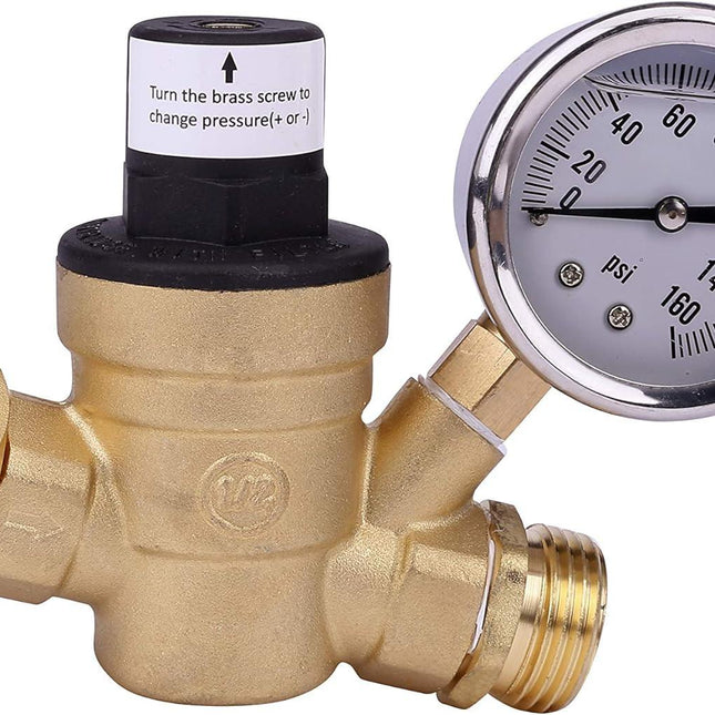 RV Water Pressure Regulator with Gauge Adjustable 3/4" Hose Valve - RV Water Pressure Regulator with Gauge - RV Camper Water Pressure Regulator, Trucks, Trailers - Trailer Water Pressure Gauge.