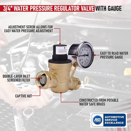 RV Water Pressure Regulator with Gauge Adjustable 3/4" Hose Valve - RV Water Pressure Regulator with Gauge - RV Camper Water Pressure Regulator, Trucks, Trailers - Trailer Water Pressure Gauge.