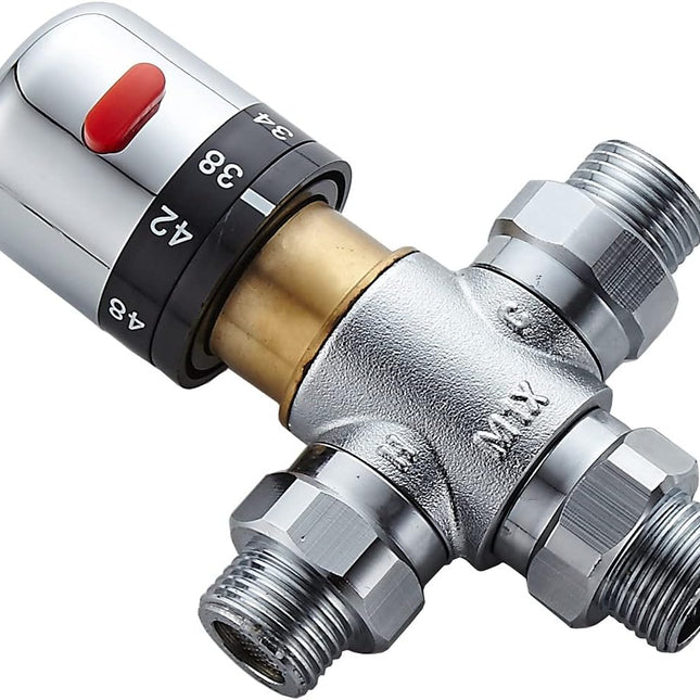 3-way thermostatic water mixer DN15, temperature control hot and cold, G1/2 NPS male connections, anti-scald temperature mixers for bathroom, under-sink taps, shower, bath, bidet (chrome).