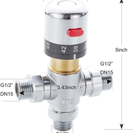3-way thermostatic water mixer DN15, temperature control hot and cold, G1/2 NPS male connections, anti-scald temperature mixers for bathroom, under-sink taps, shower, bath, bidet (chrome).