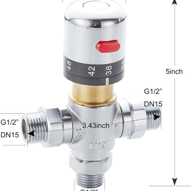 3-way thermostatic water mixer DN15, temperature control hot and cold, G1/2 NPS male connections, anti-scald temperature mixers for bathroom, under-sink taps, shower, bath, bidet (chrome).