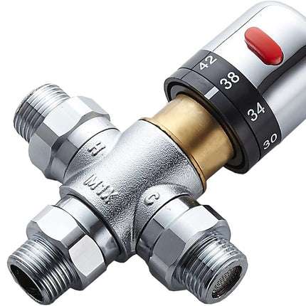 3-way thermostatic water mixer DN15, temperature control hot and cold, G1/2 NPS male connections, anti-scald temperature mixers for bathroom, under-sink taps, shower, bath, bidet (chrome).
