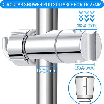 Shower Head Holder - Universal 16-27mm Connection - Adjustable Height - 360 Degree Rotatable.
