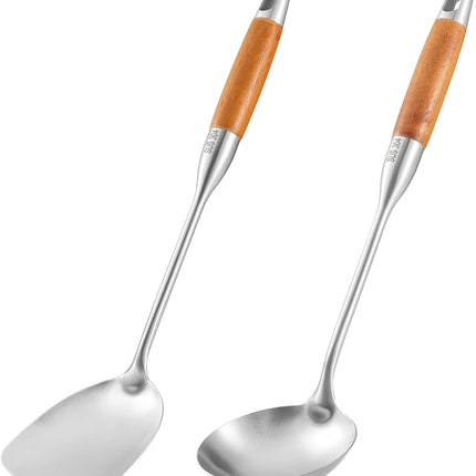 TsunNee 2PCS Stainless Steel Kitchen Utensil Set, 304 Stainless Steel Wok Spatula and Soup Ladle Set with Long Heat-Resistant Wooden Handle.
