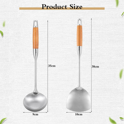 TsunNee 2PCS Stainless Steel Kitchen Utensil Set, 304 Stainless Steel Wok Spatula and Soup Ladle Set with Long Heat-Resistant Wooden Handle.