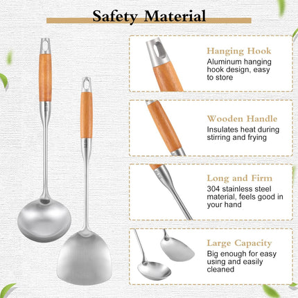 TsunNee 2PCS Stainless Steel Kitchen Utensil Set, 304 Stainless Steel Wok Spatula and Soup Ladle Set with Long Heat-Resistant Wooden Handle.