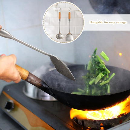 TsunNee 2PCS Stainless Steel Kitchen Utensil Set, 304 Stainless Steel Wok Spatula and Soup Ladle Set with Long Heat-Resistant Wooden Handle.