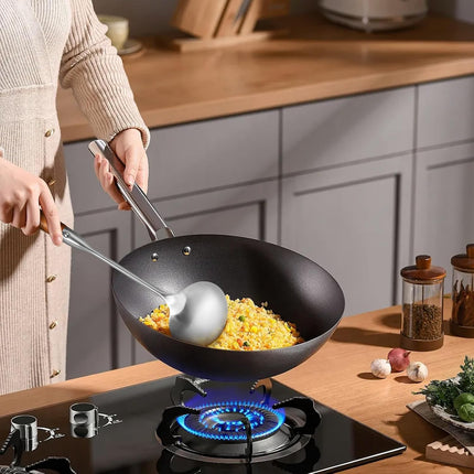 TsunNee 2PCS Stainless Steel Kitchen Utensil Set, 304 Stainless Steel Wok Spatula and Soup Ladle Set with Long Heat-Resistant Wooden Handle.