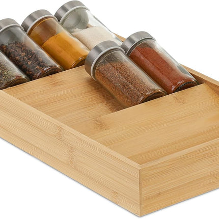 Relaxdays horizontal spice rack, 3 shelves, HBD: 5 x 20 x 38 cm, spice organizer for kitchen drawer, spice holder, natural.