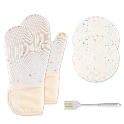 Quilted Cotton Terry Oven Mitts, Pot Holders, Kitchen Brushes, Set of 5, Heat Resistant, Silicone Handles, Shake.