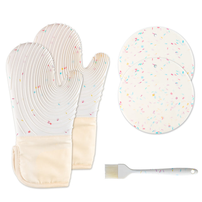 Quilted Cotton Terry Oven Mitts, Pot Holders, Kitchen Brushes, Set of 5, Heat Resistant, Silicone Handles, Shake.