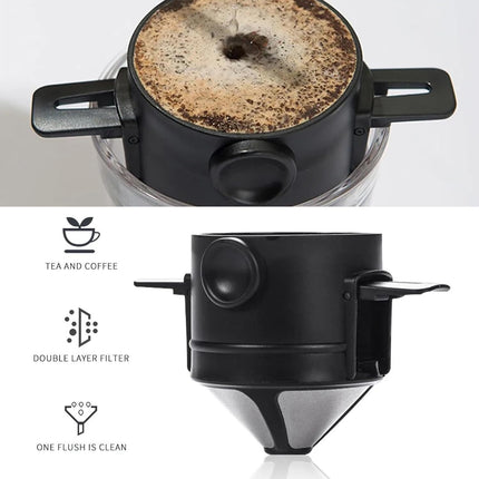 Coffee Filter - Reusable Cone for Drip Coffee - Stainless Steel - Includes Glass Jug.