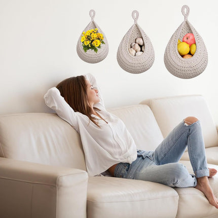 Hanging Storage Baskets - Set of 3 - For Kitchen and Bathroom - With Jute Design.