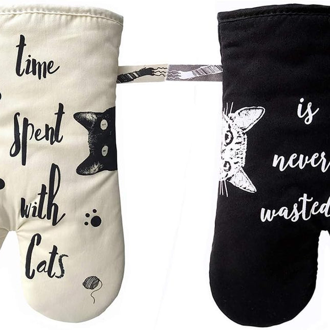 Oven Gloves - Cat Design - For Cooking And Baking - Size 17x31 Cm - Heat Resistant.