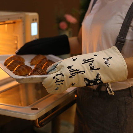 Oven Gloves - Cat Design - For Cooking And Baking - Size 17x31 Cm - Heat Resistant.