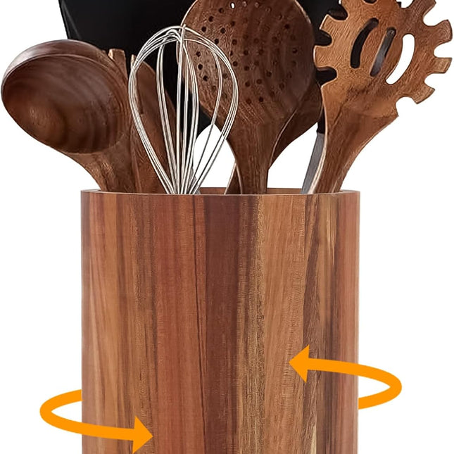 Kitchen Utensil Holder - Acacia Wood with 360 Degree Rotatable - Suitable for 15-20 Pieces - With Non-Slip Bottom - Round Organizer.